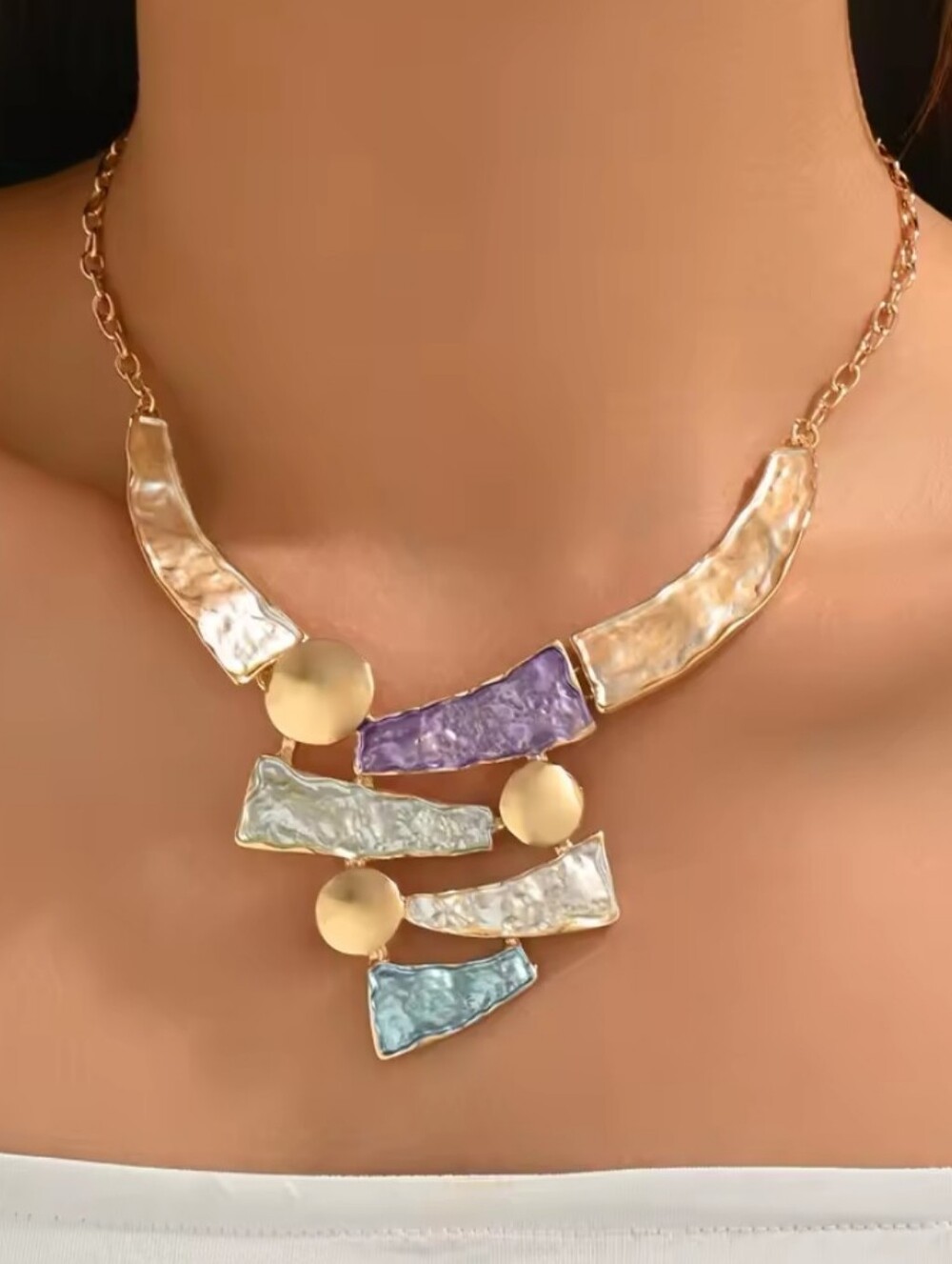Gold-Tone Multicolor Statement Necklace with Purple, Blue, and Pearl Panels
